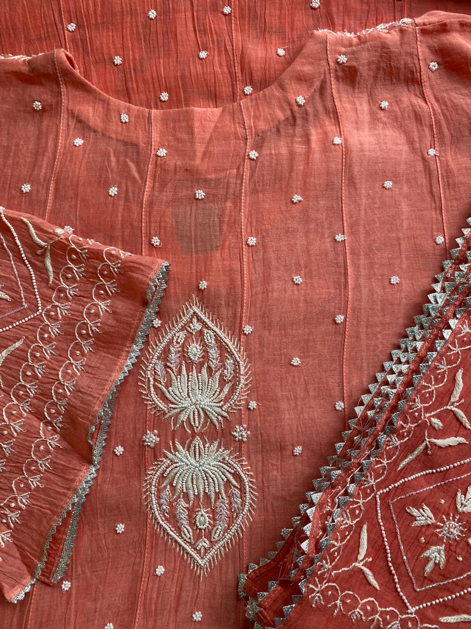 coral Pink mul chanderi chikankari kurta set