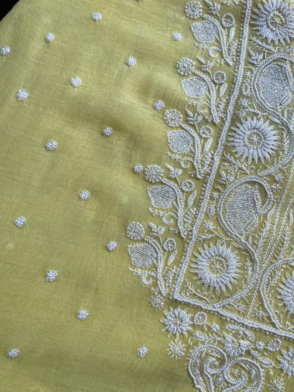 Yellow Mul Chanderi Chikankari Kurta Set