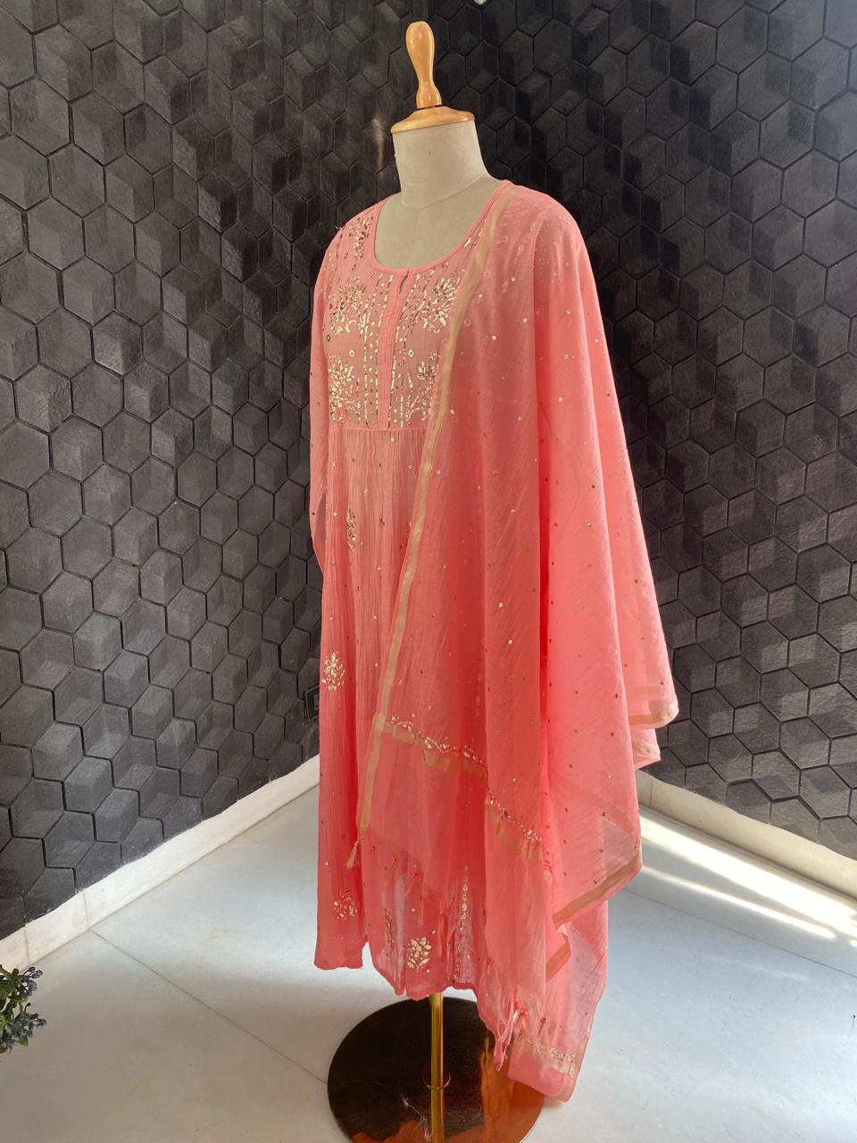 Pink Ombre Mul Chanderi A-Line Kurta Set