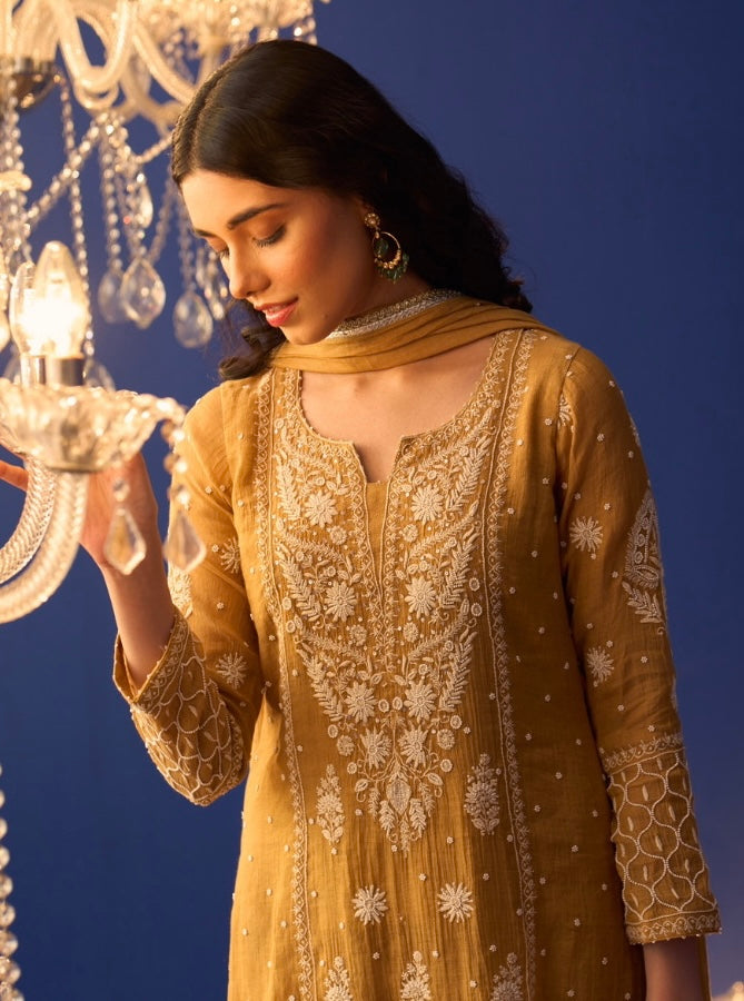 Mustard Yellow Tissue Chikankari Center Panel Kurta Set