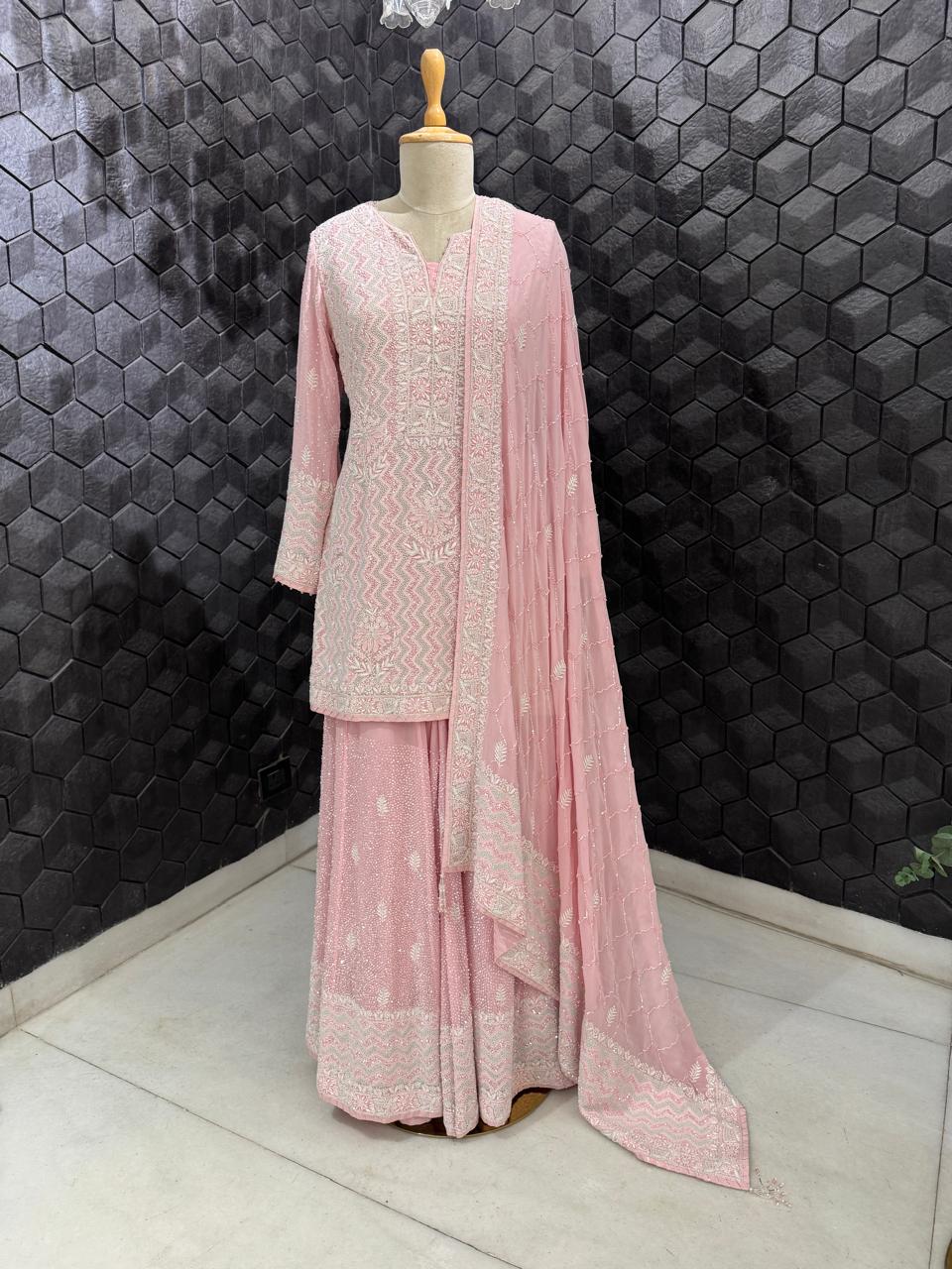 Pink Multi- Sequins Georgette Sharara Set
