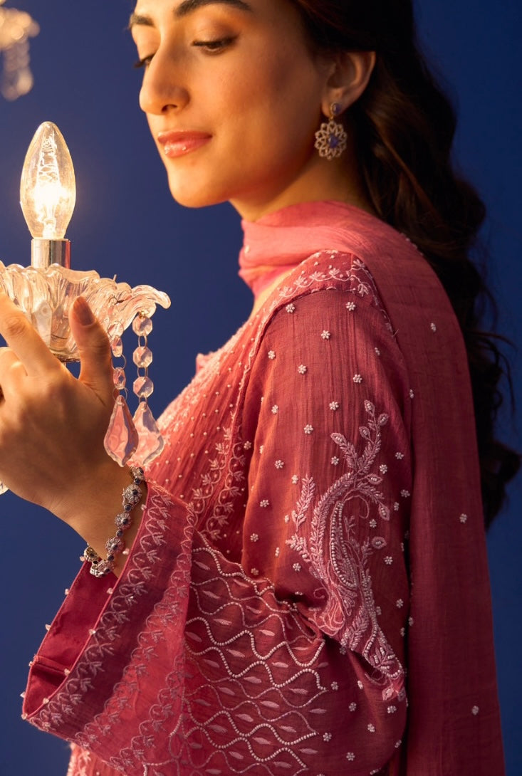 Magenta Tissue Chikankari Kalidar Kurta Set