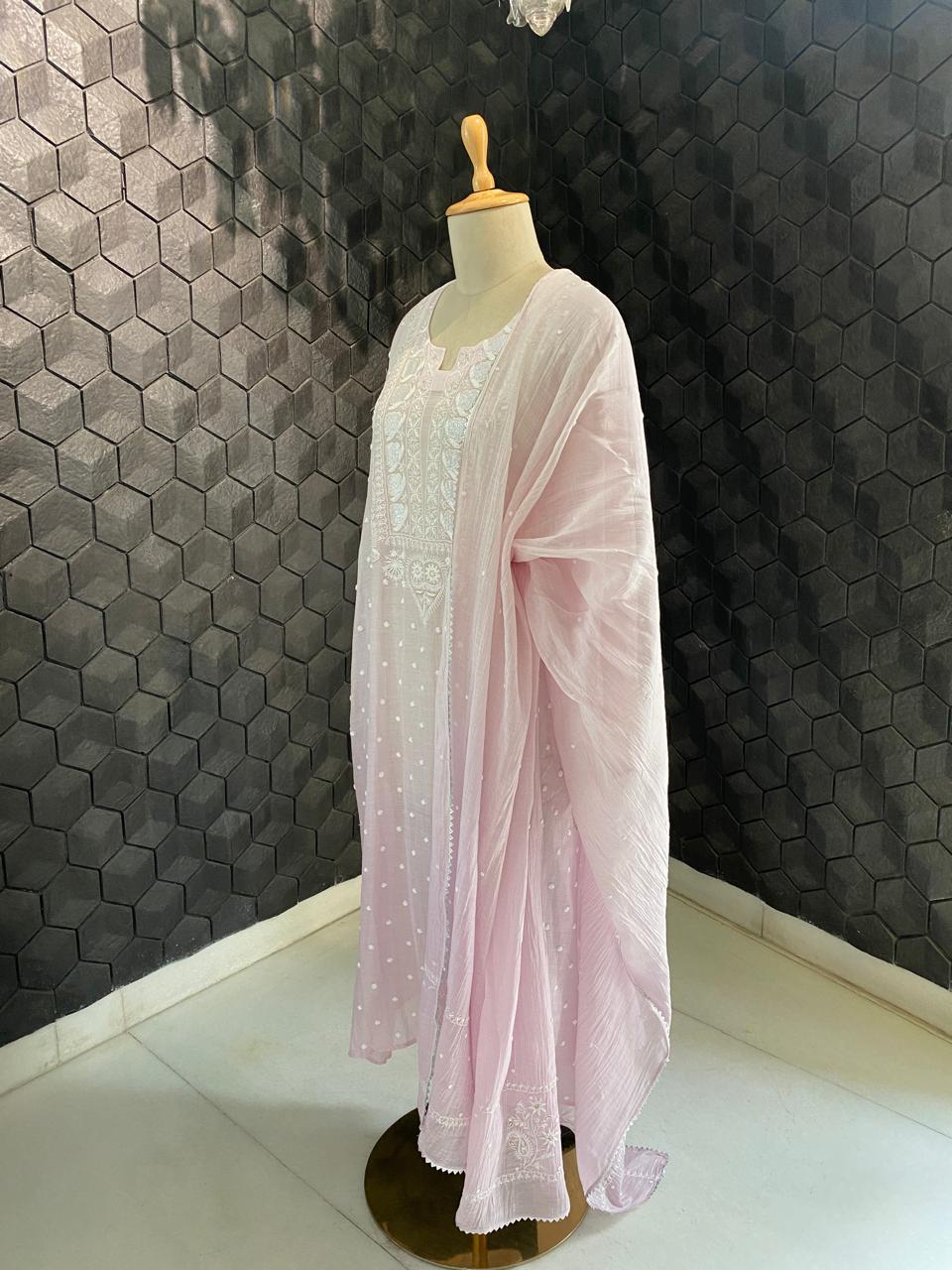 Lilac Mul Chanderi Chikankari Kurta Set