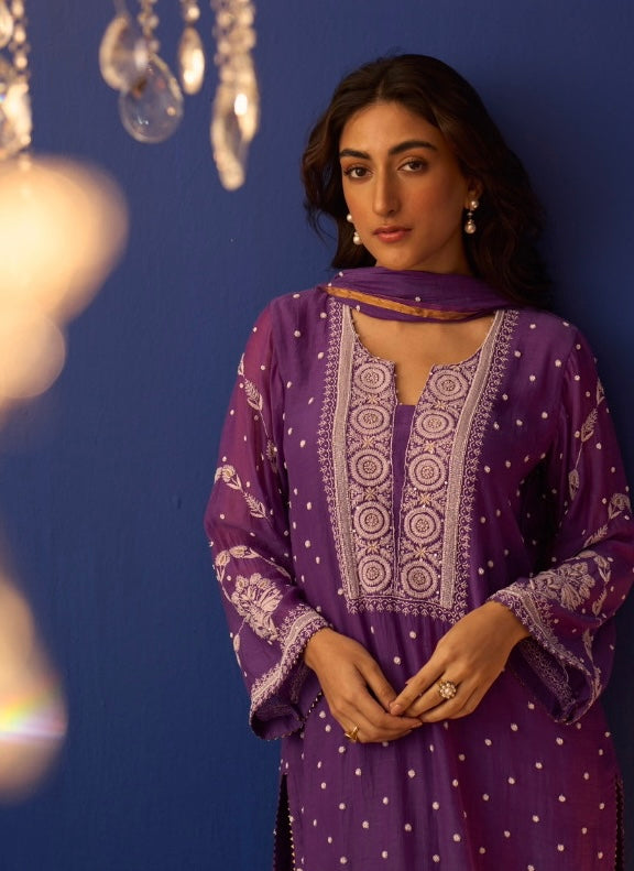 Dark Purple Mul Chanderi Chikankari Straight Kurta Set with pleated pants