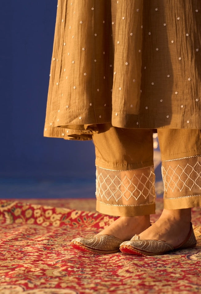 Brown Mul Chanderi Chikankari Kalidar Kurta Set