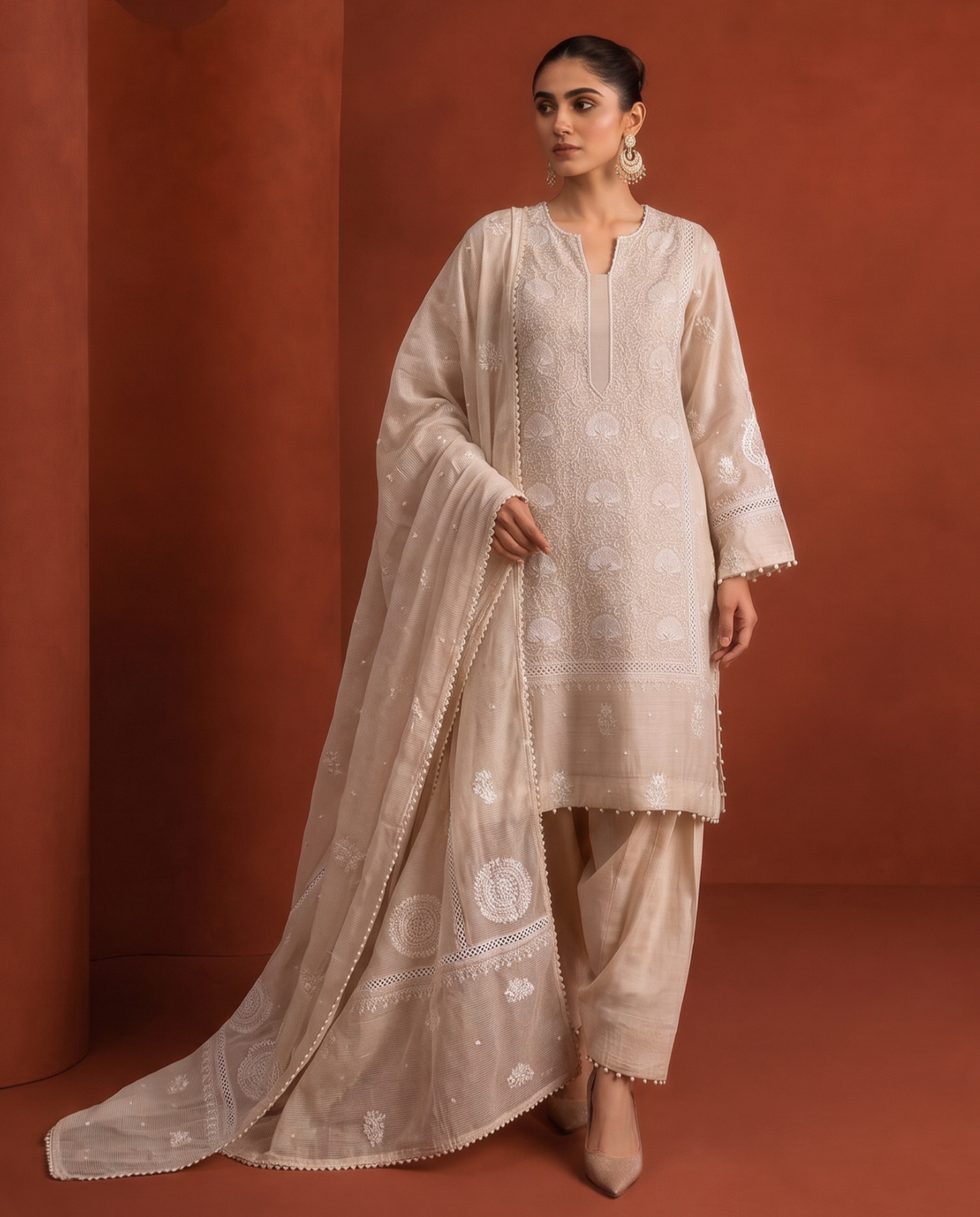 Beige Striped Tissue Kurta Set with Farsi Salwar