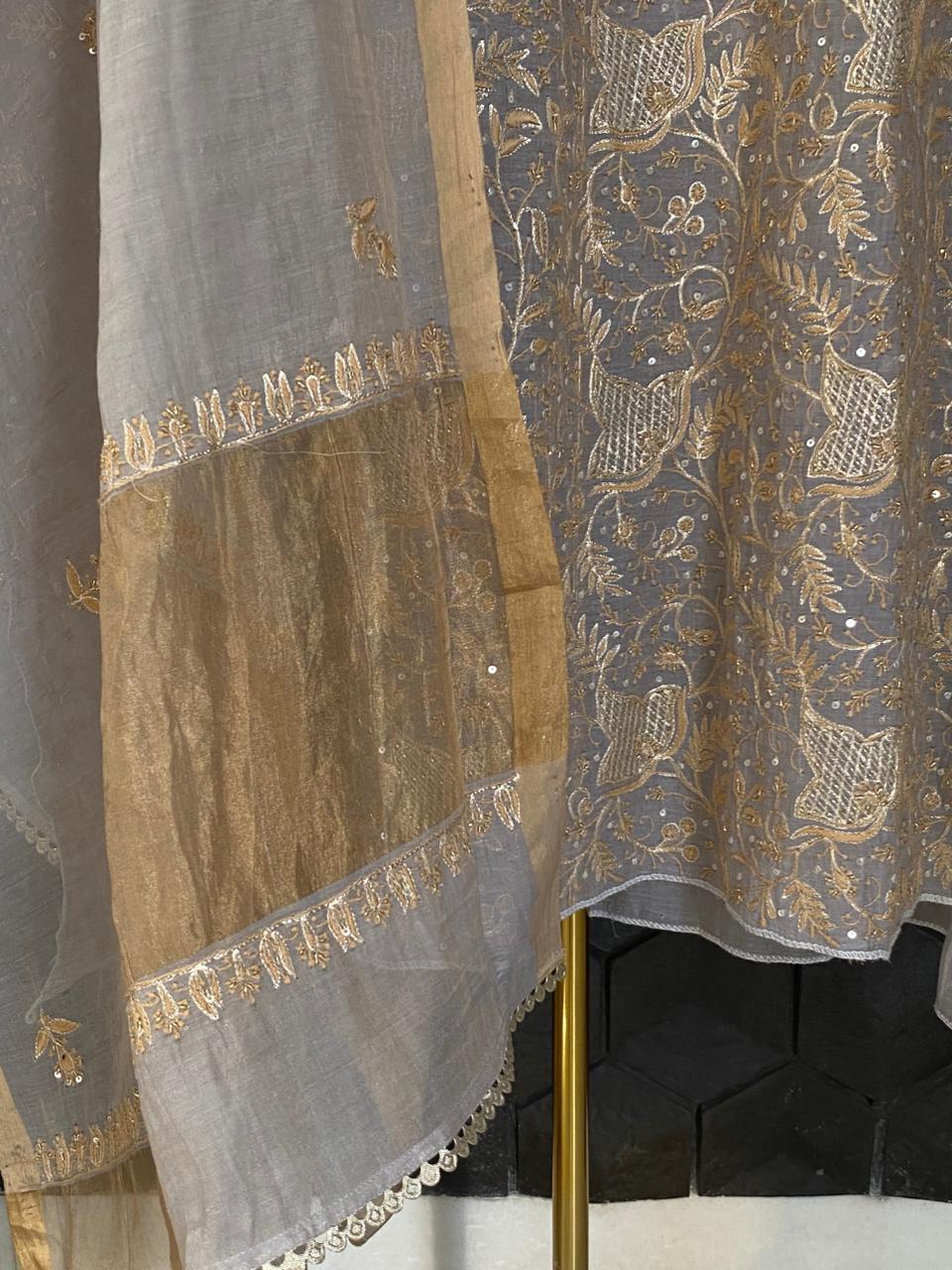 Lilac Golden Tissue Chikankari Kurta Set