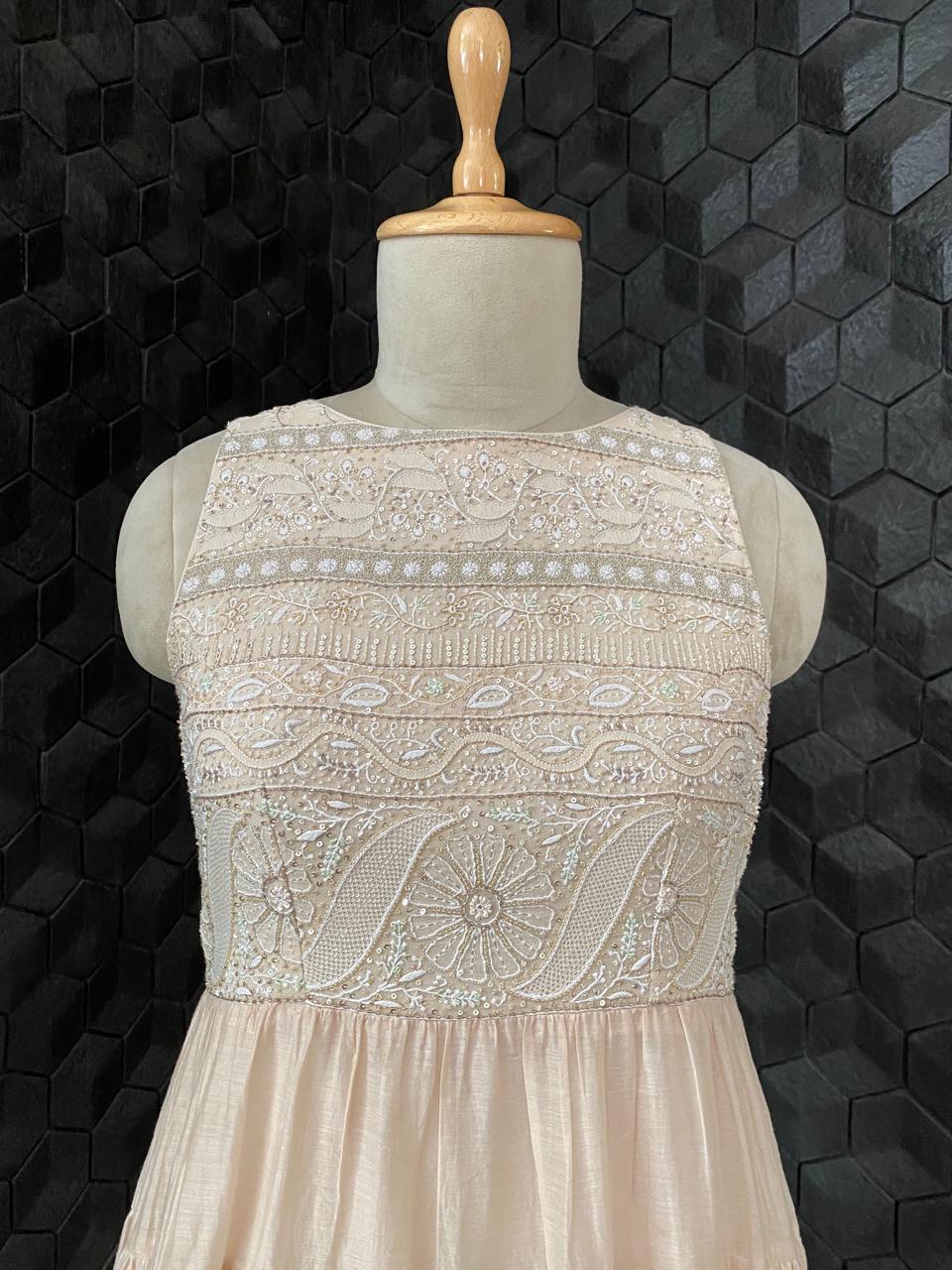 Peach Layered Ombre Mul Chanderi Dress with Statement Chikankari Yolk