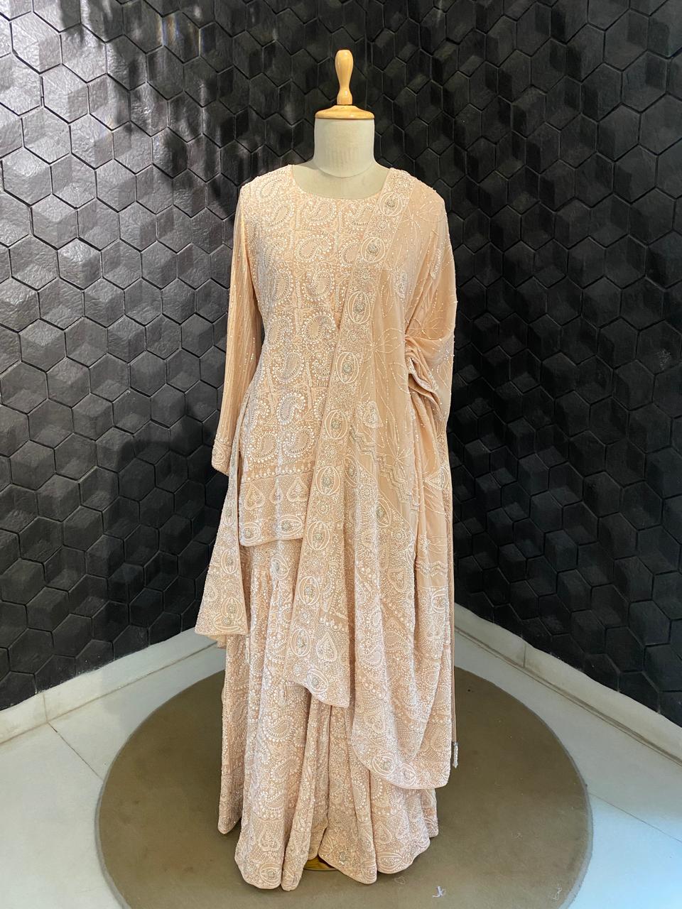 Peach Georgette Chikankari Sharara Set With Paisley Jaal
