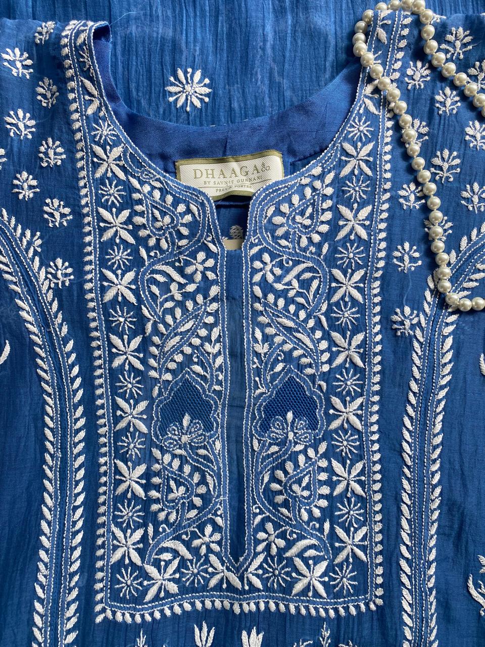 Cobalt Mul Chanderi Chikankari kurta set