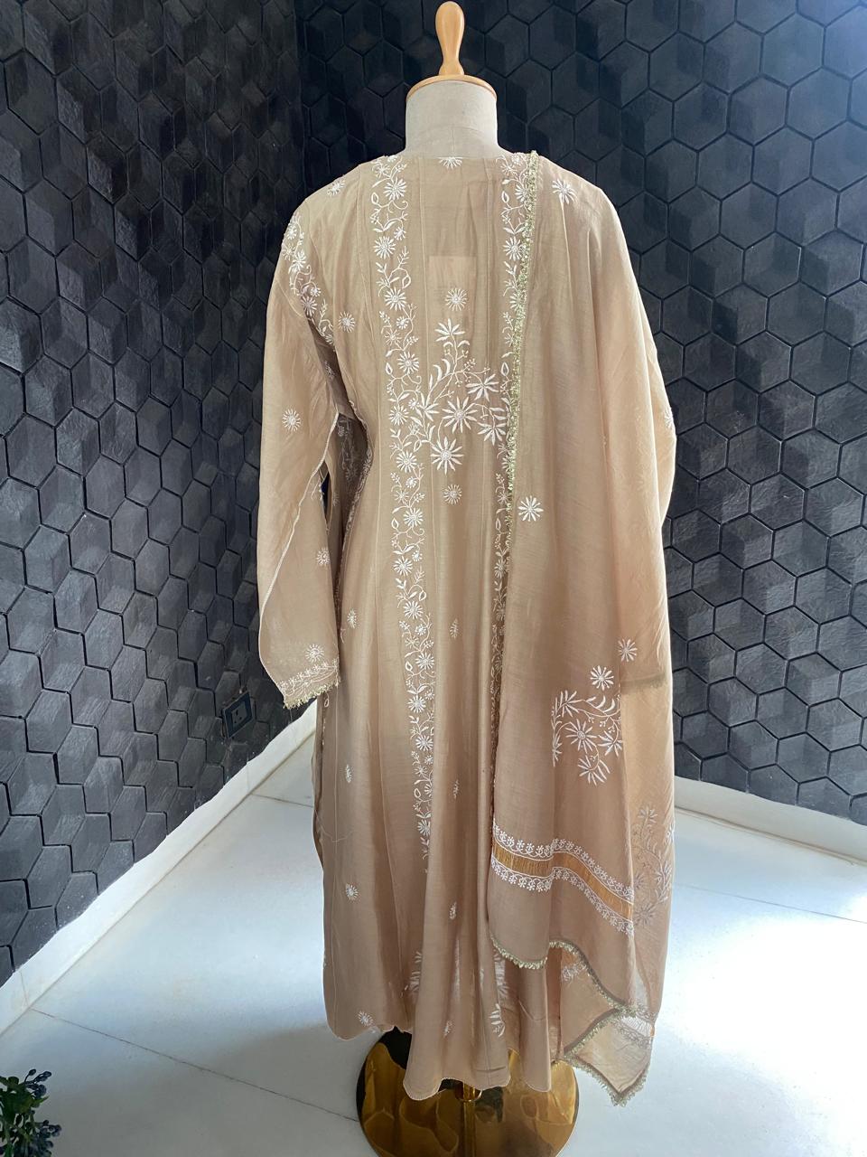 Beige Chanderi Anarkali Kurta Set