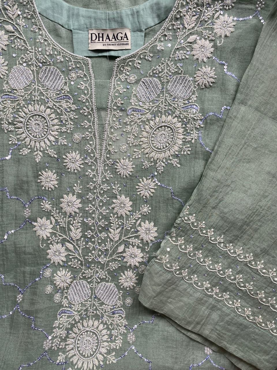 Sea Green Silver Tissue Chikankari Co-ord Set