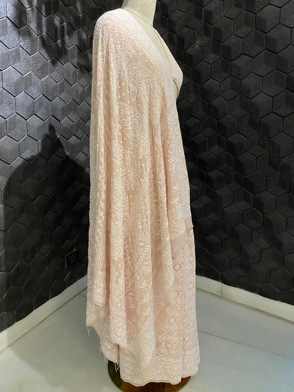 Peach georgette chikankari saree