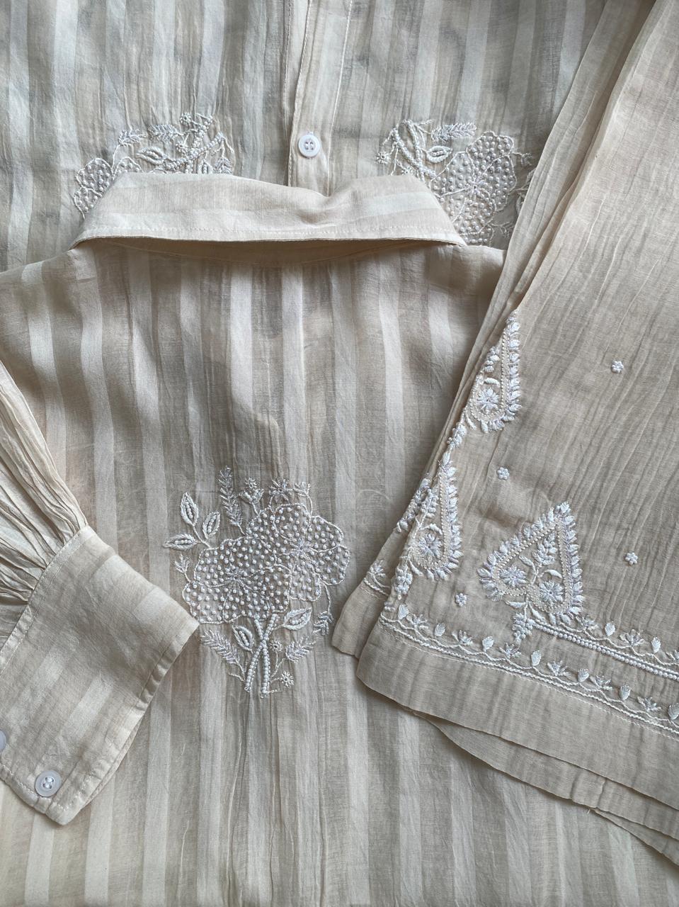Beige striped Mul Chanderi Chikankari Co-ord set