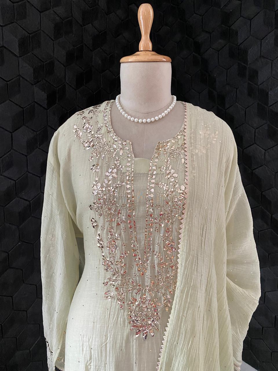 Pista Green Mul Chanderi Mukaish kurta Set