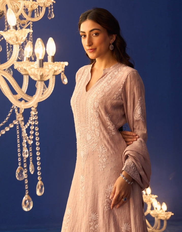 Rose Pink Tissue Chikankari Straight Kurta Set