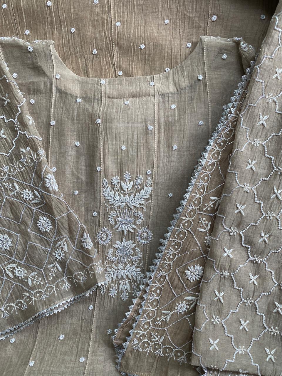brown ombre mul chanderi chikankari anarkali kurta set
