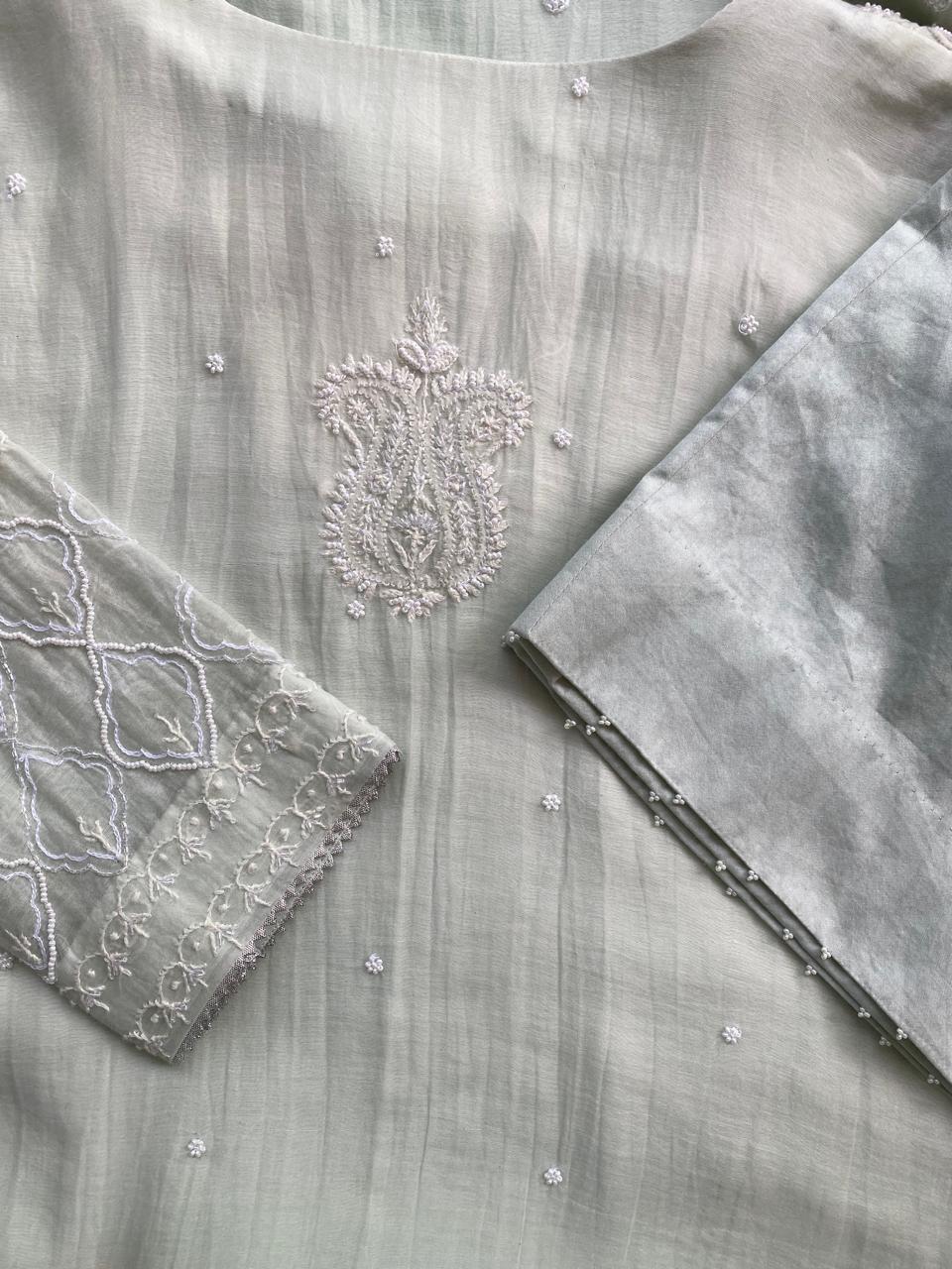 Sea Green Mul Chanderi Chikankari Kurta Set
