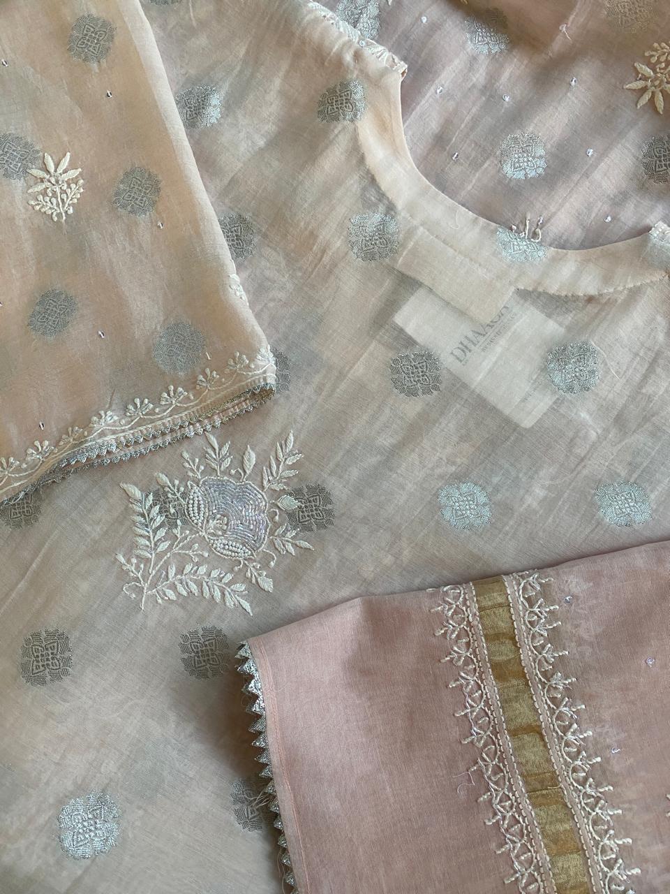 Pink Mul Chanderi with silver booti Chikankari Kurta Set