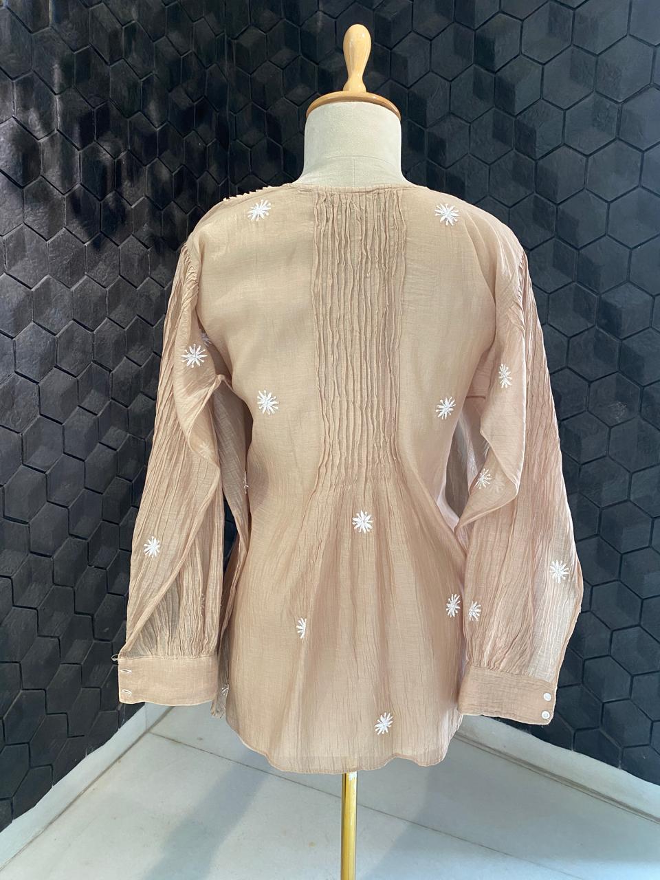 brown mul chanderi chikankari co-ord set