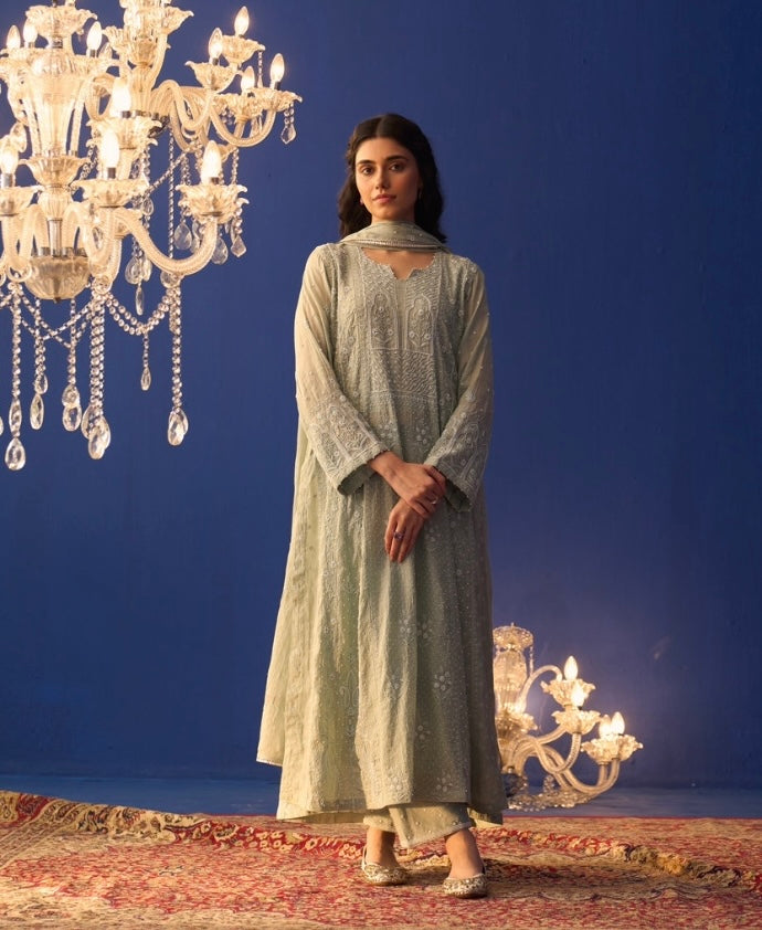 Mint Green Tissue Chikankari High Slit Anarkali Set