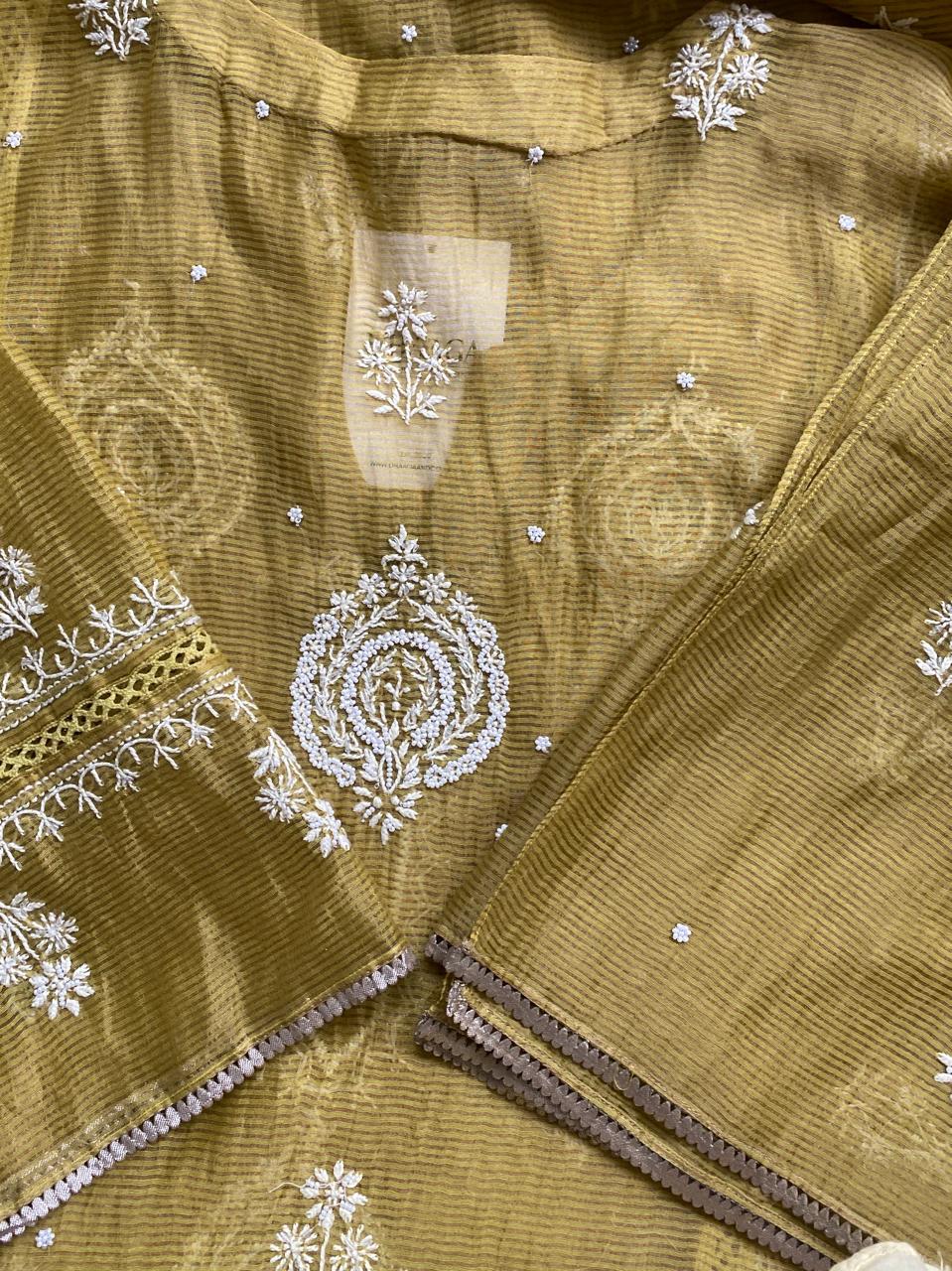 Natural Striped Tissue Chikankari Kurta Set