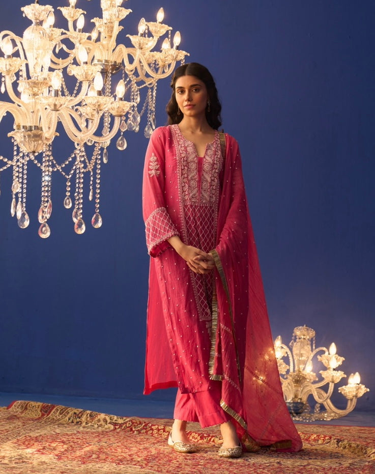 Fuschia Pink Mul Chanderi Chikankari Kurta Set