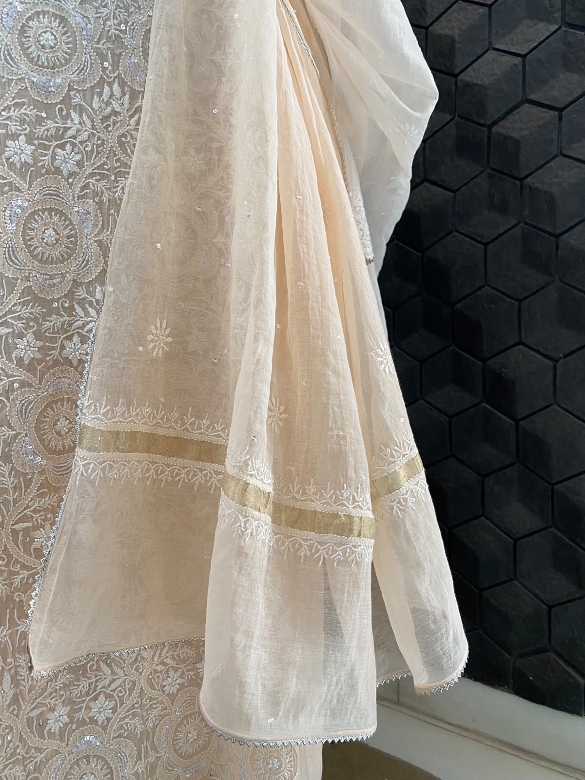Peach Mul Chanderi Chikankari kurta set