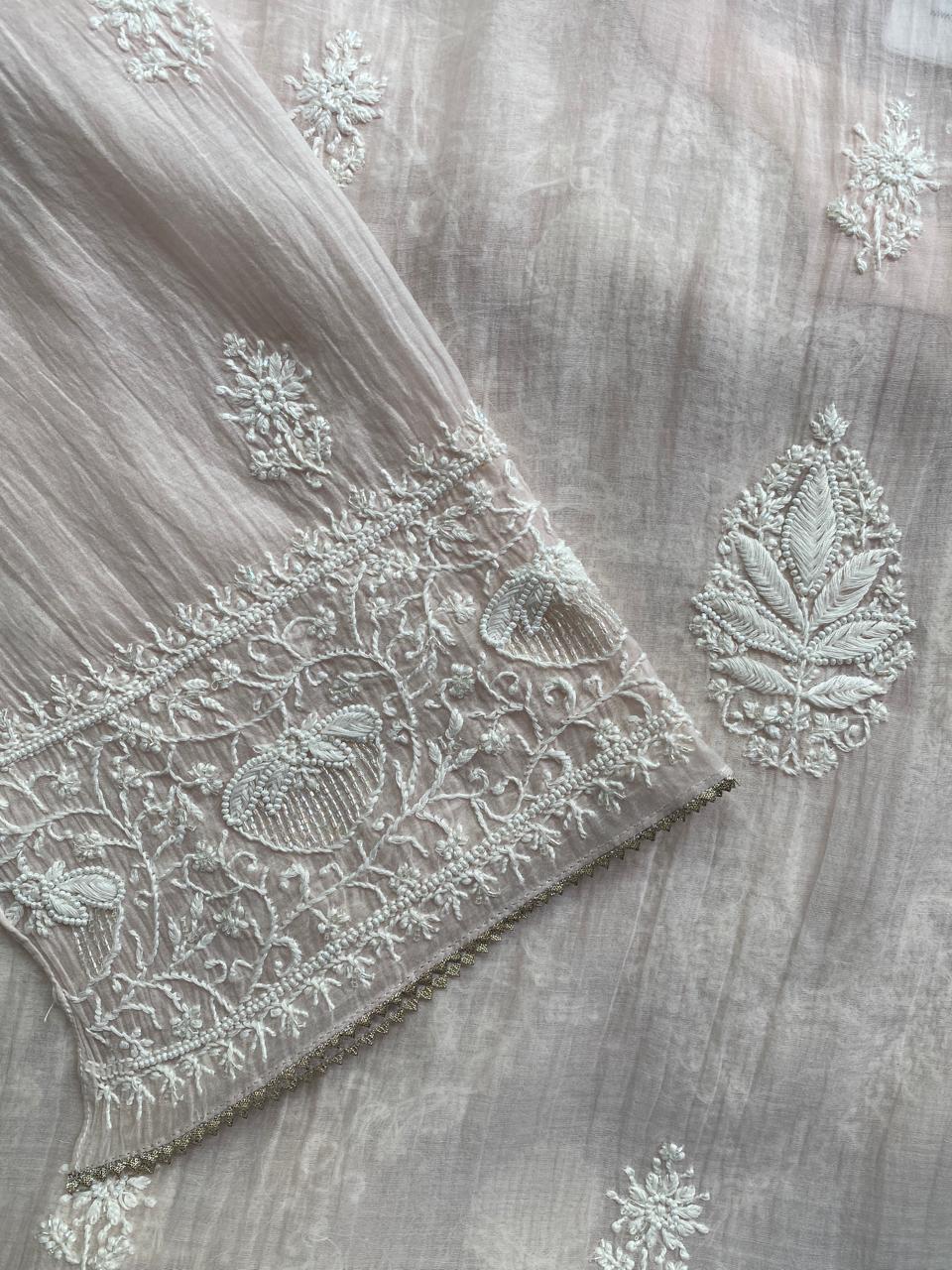 pink mul chanderi full jaal chikankari kurta set
