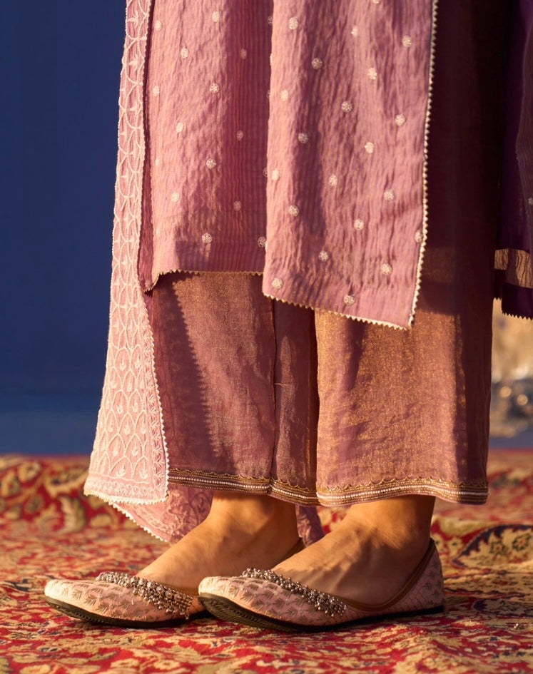 Purple Zari Striped Tissue Chikankari Kurta Set
