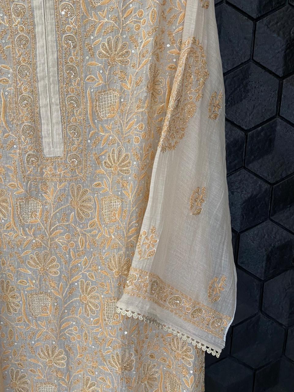 Natural Golden Tissue Chikankari Kurta Set