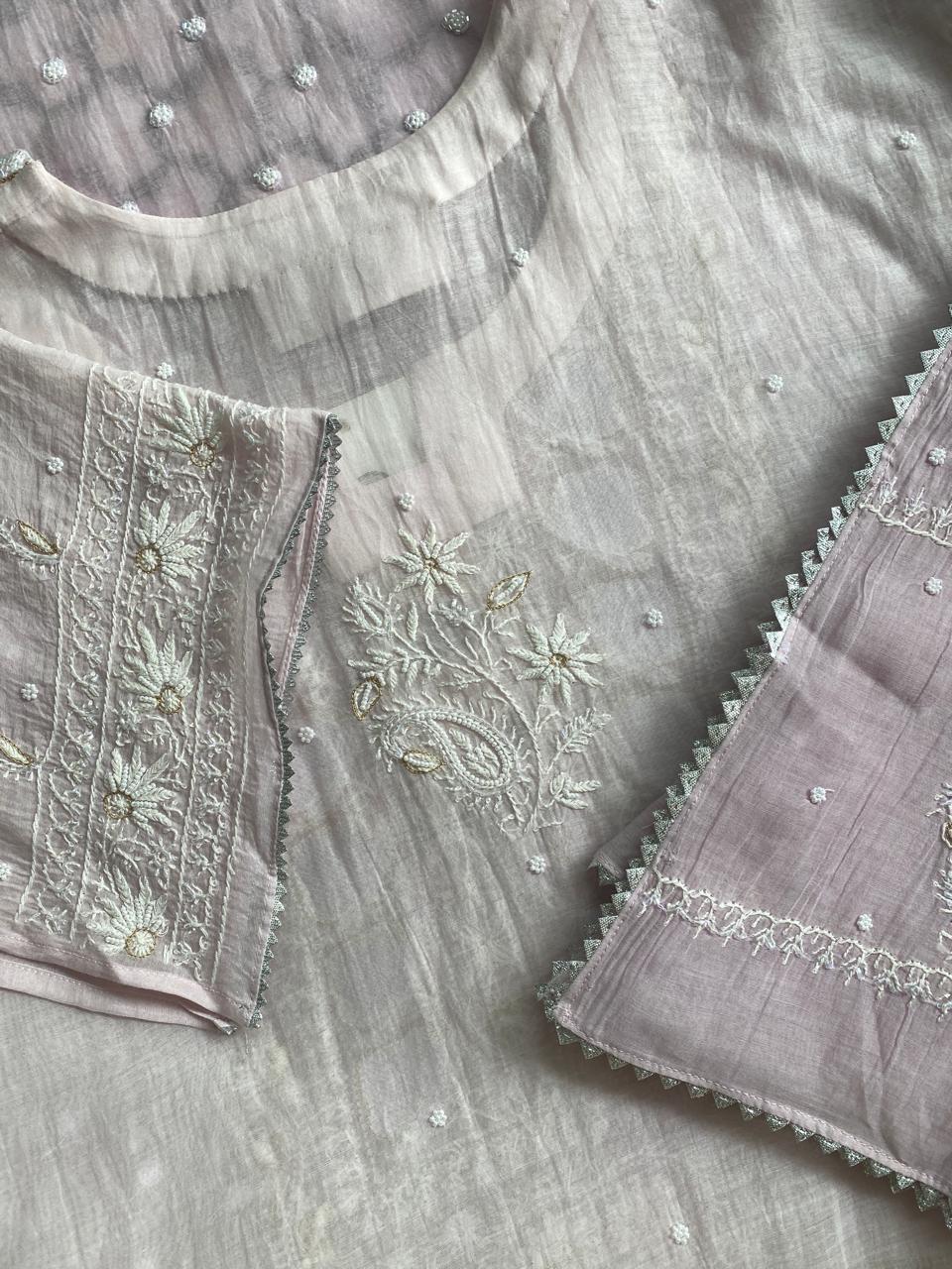 Lilac Mul Chanderi Chikankari Kurta Set