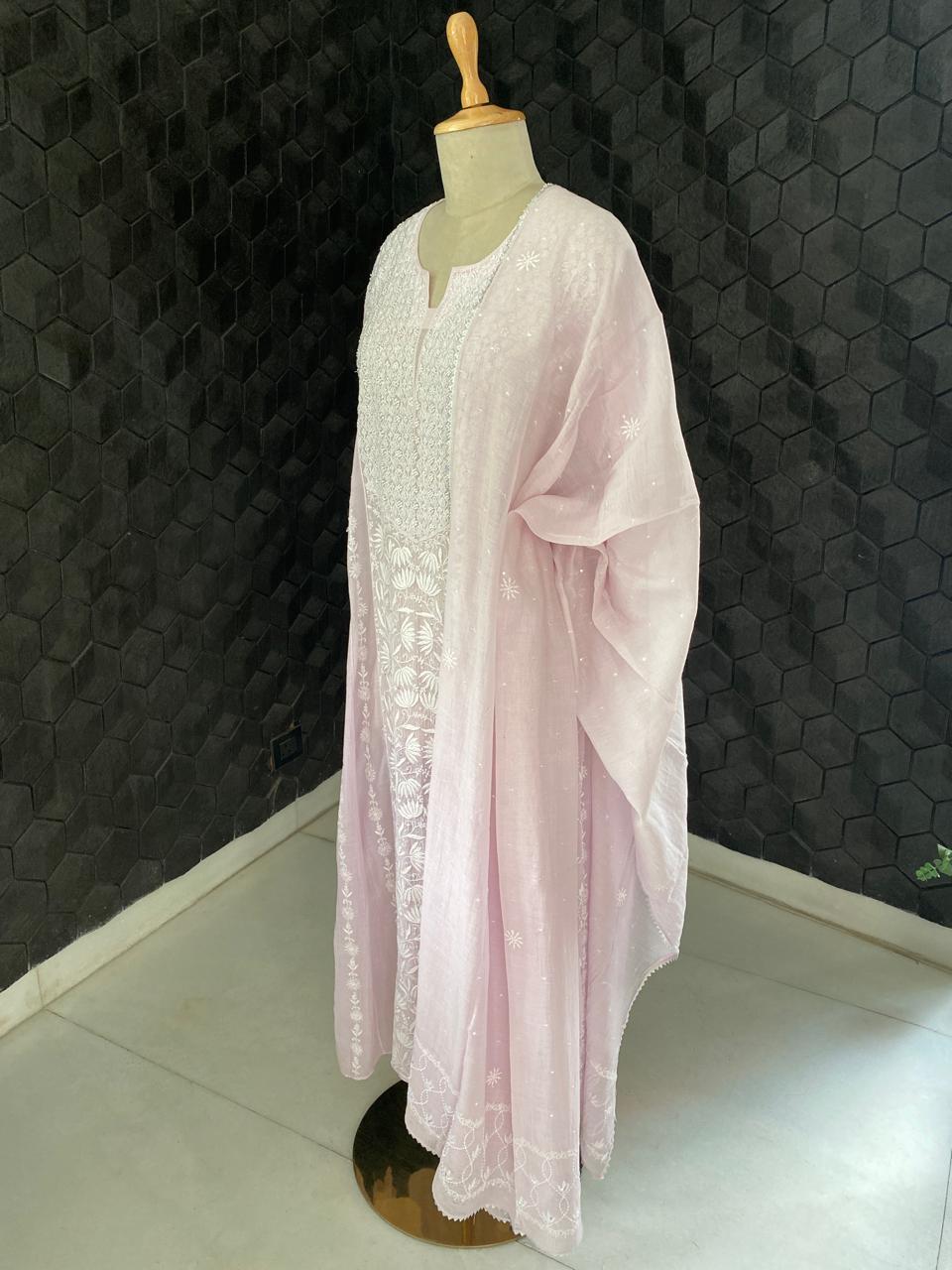 Lilac Panel Lotus Chikankari Mul Chanderi A-Line Kurta Set