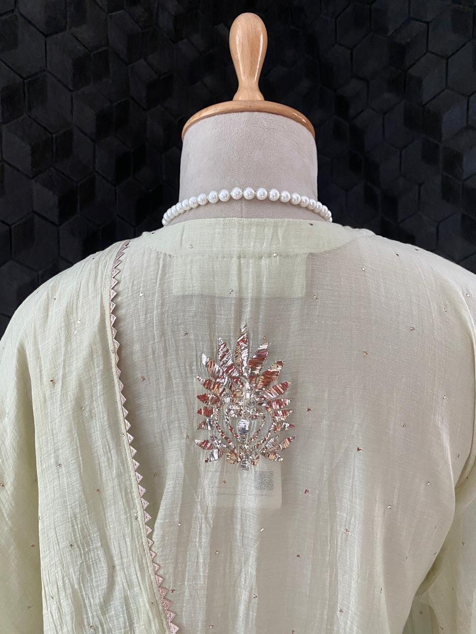 Pista Green Mul Chanderi Mukaish kurta Set