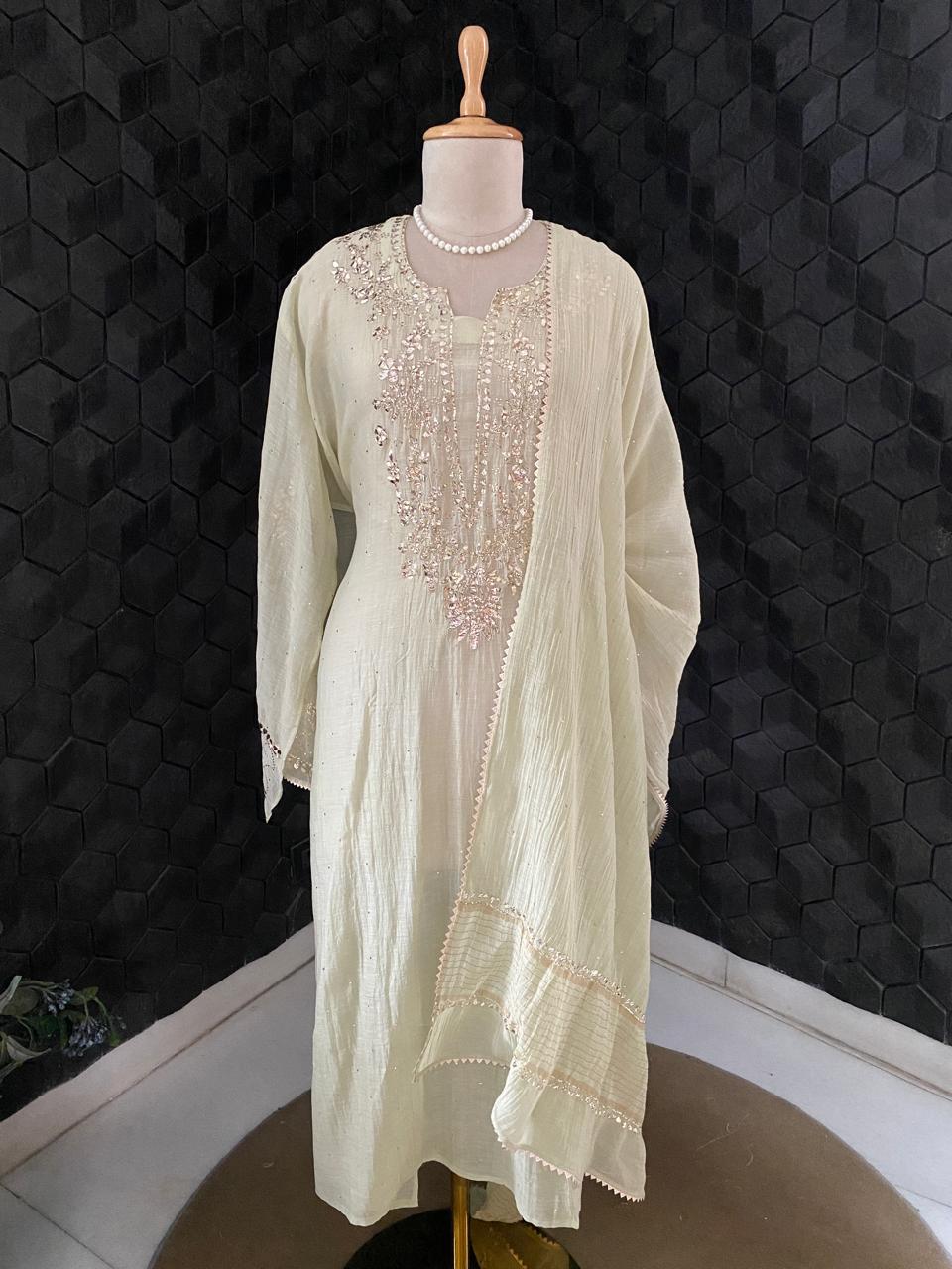 Pista Green Mul Chanderi Mukaish kurta Set