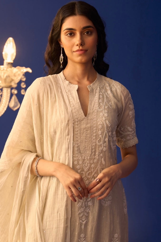 Grey Silver Tissue Chikankari Kurta Set with Palazzo Pants