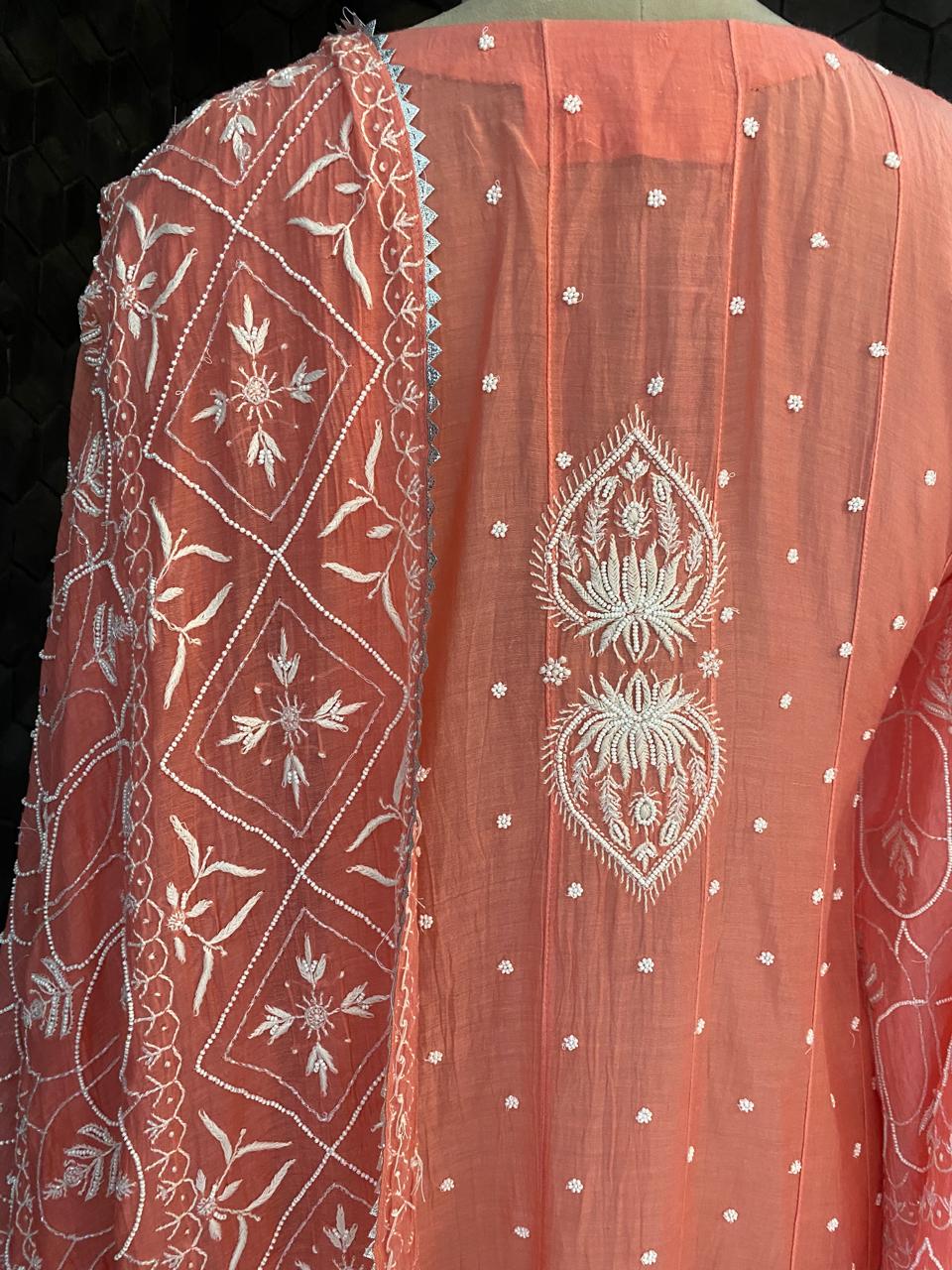 coral Pink mul chanderi chikankari kurta set