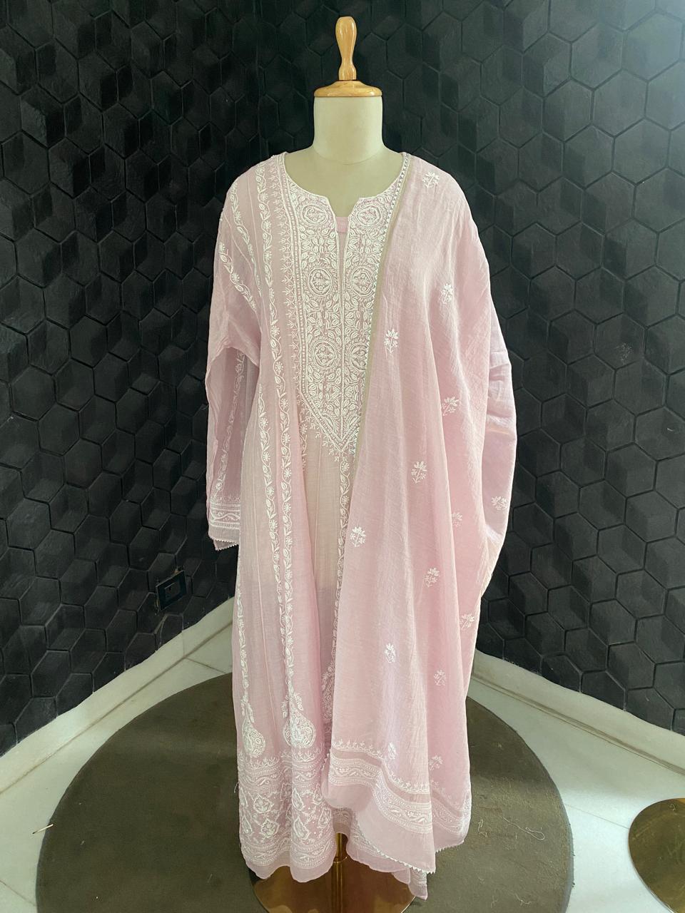 Lilac silver tissue chikankari anarkali kurta set