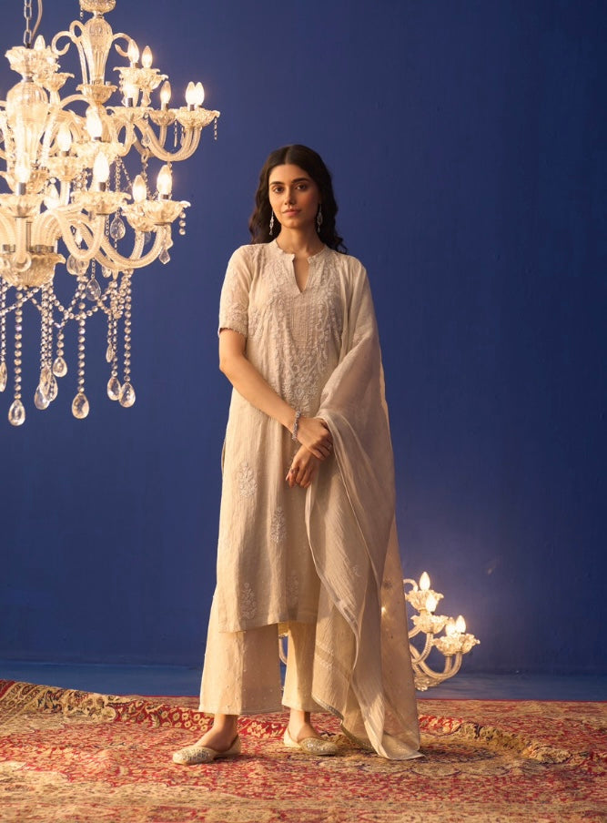 Grey Silver Tissue Chikankari Kurta Set with Palazzo Pants