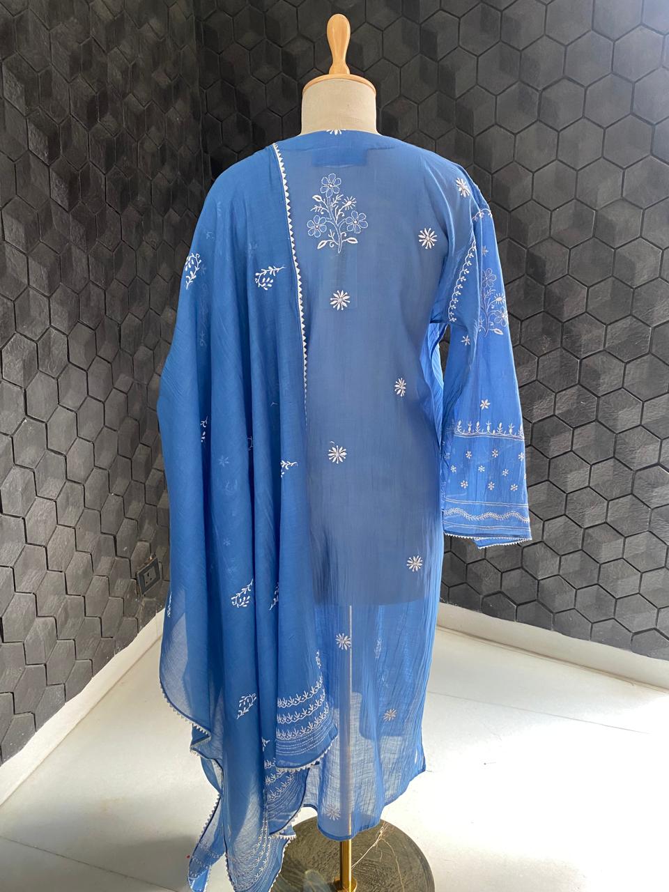 Cobalt Mul Chanderi Chikankari kurta set