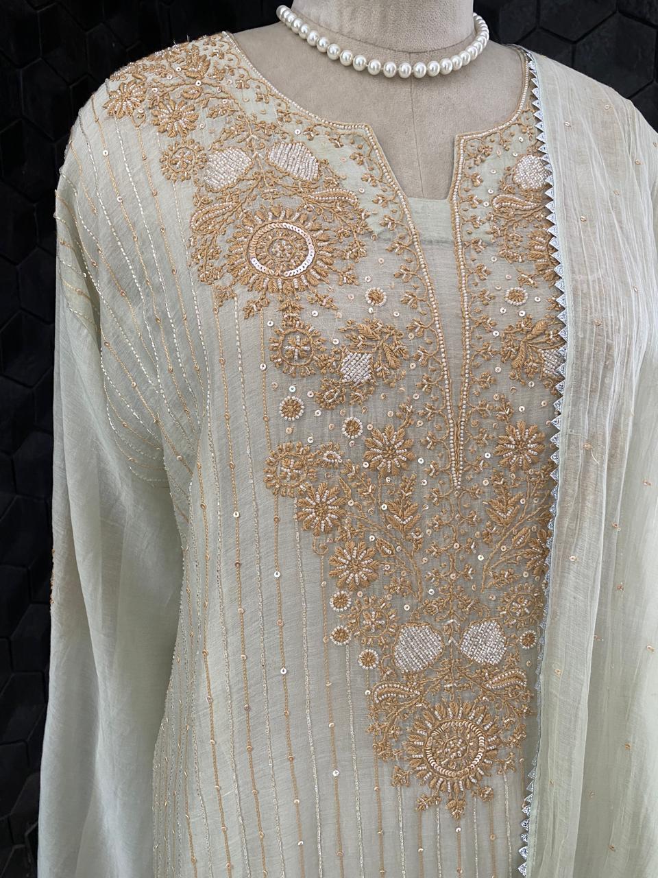 Pista Green Mul Chanderi Chikankari Kurta Set
