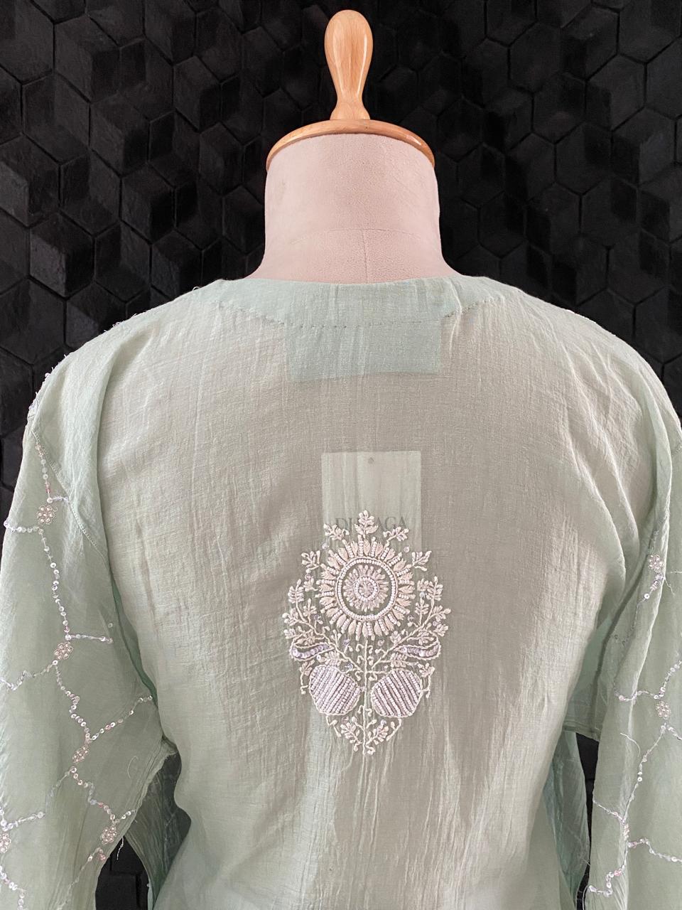 Sea Green Silver Tissue Chikankari Co-ord Set