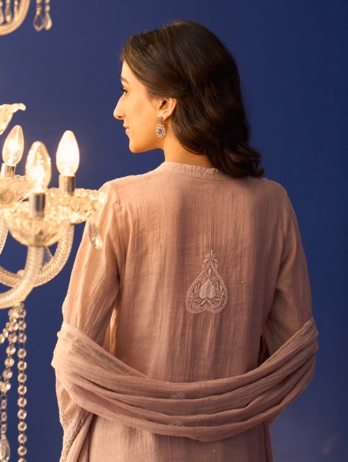 Rose Pink Tissue Chikankari Straight Kurta Set