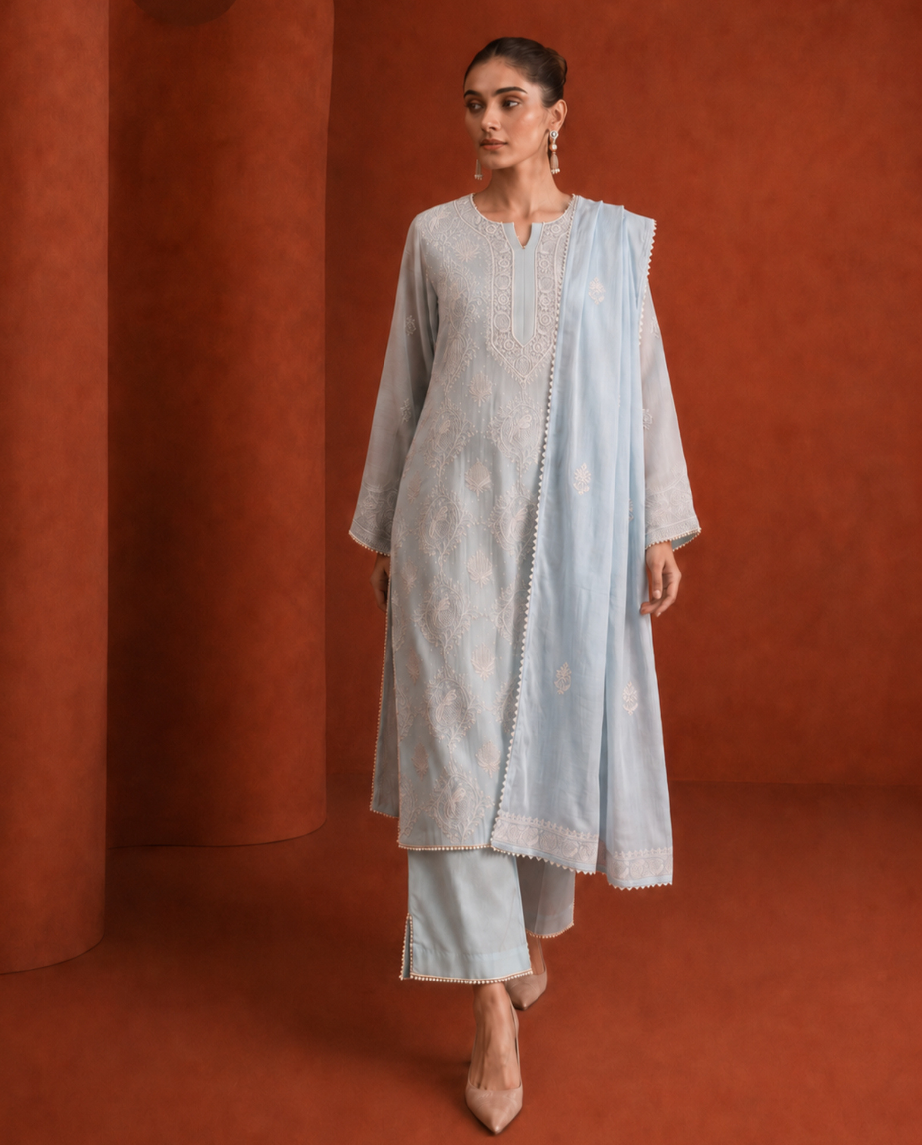 Sky Blue Mul Chanderi Chikankari Kurta Set