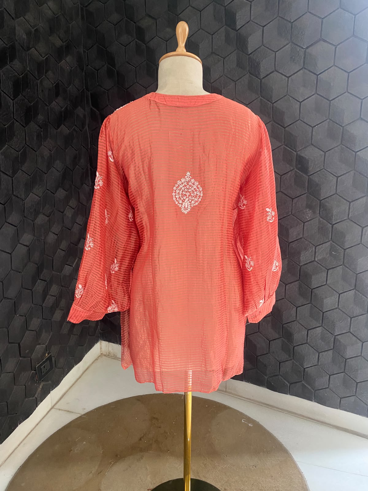 Fuschia Pink striped tissue chikankari shirt