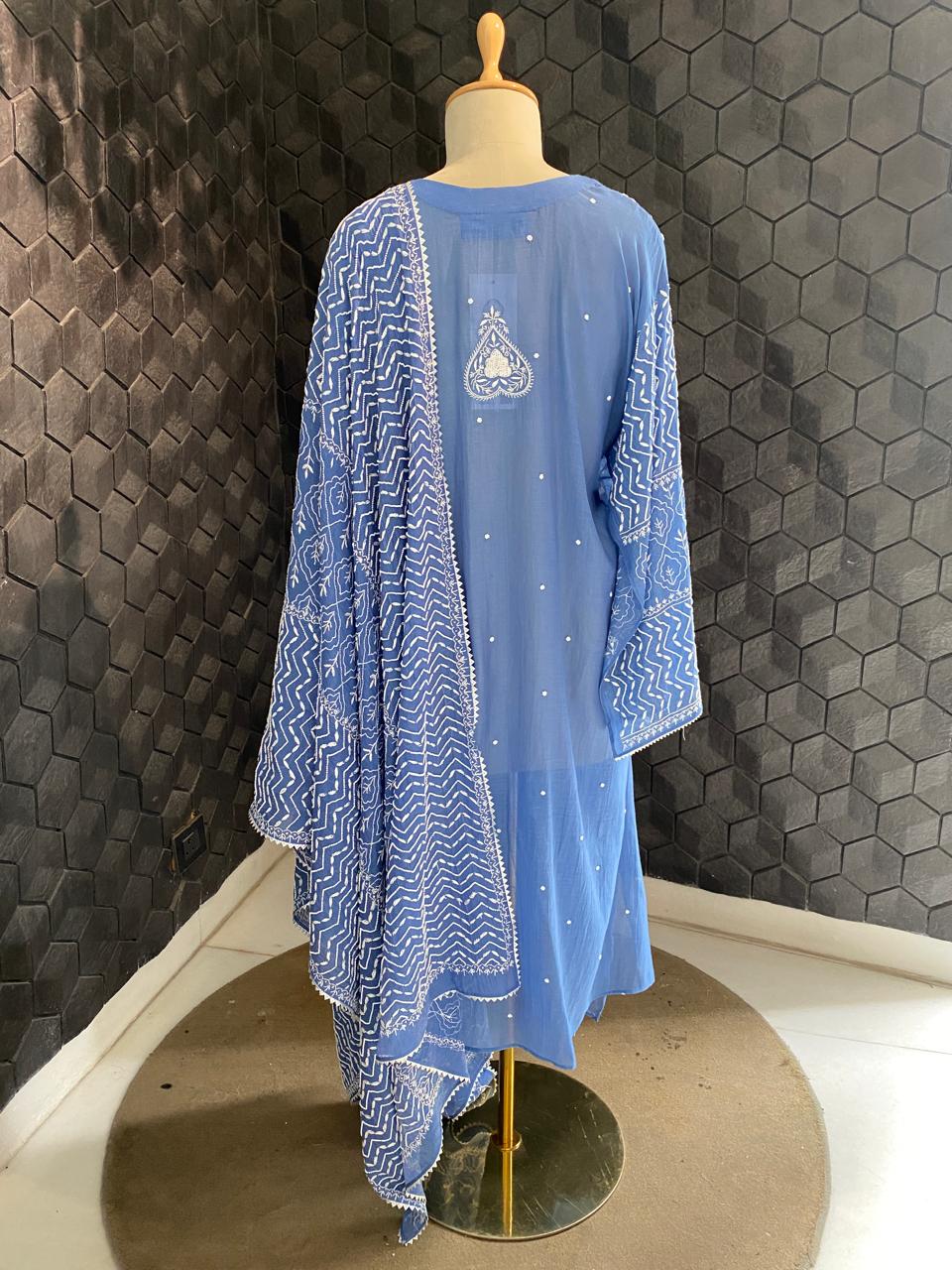 Cobalt Blue Mul chanderi chikankari with heavy dupatta kurta set