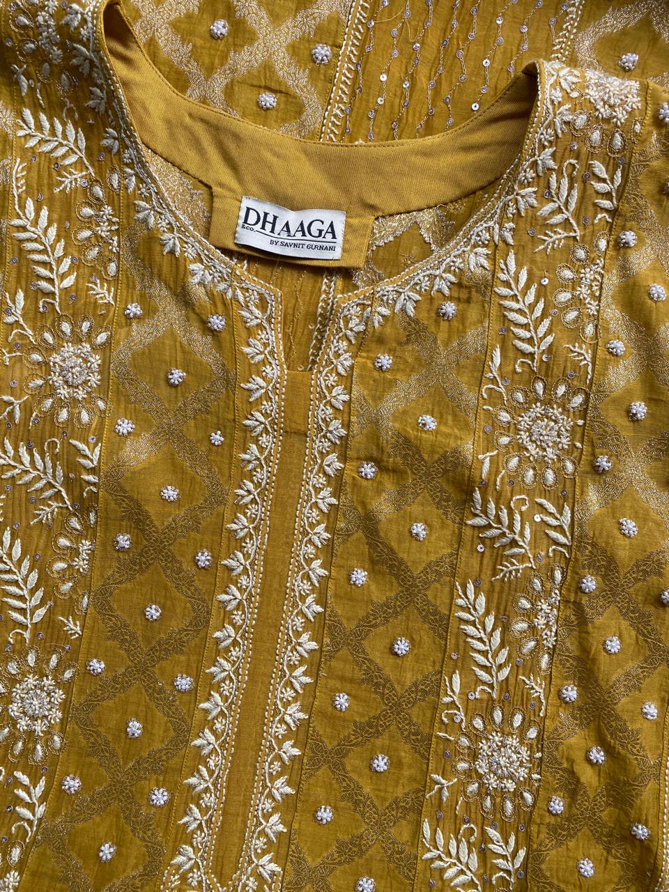 Mustard yellow Mul chanderi zari Box kasab anarkali suit
