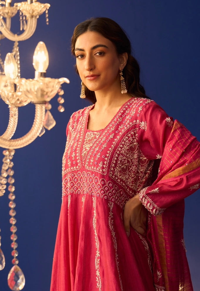 Hot Pink Chanderi Anarkali Set