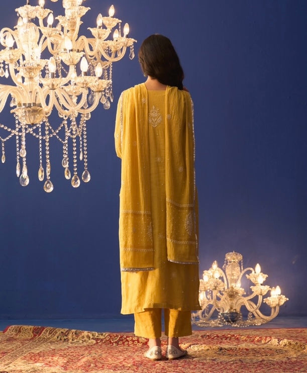 Yellow Tissue Chikankari Straight Kurta Set