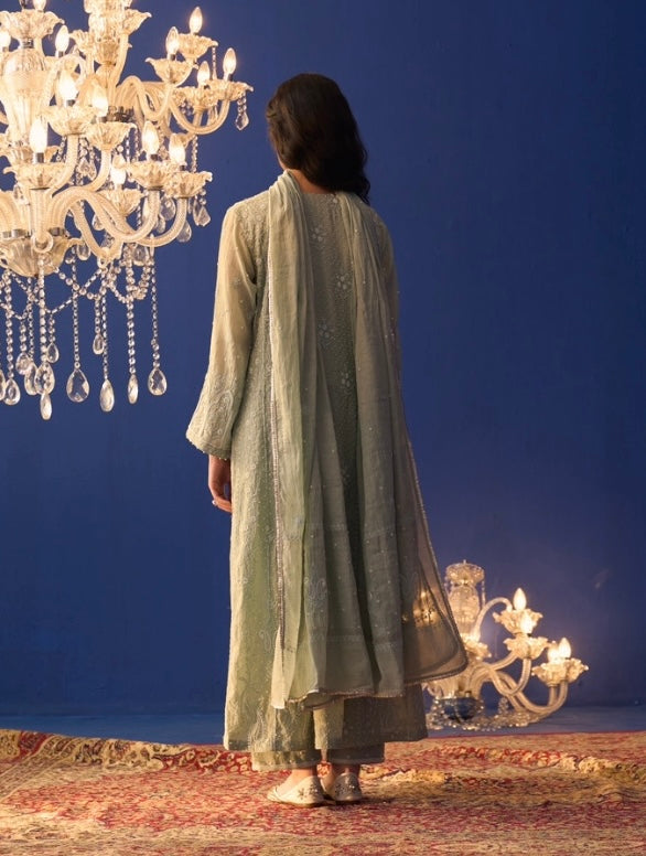 Mint Green Tissue Chikankari High Slit Anarkali Set